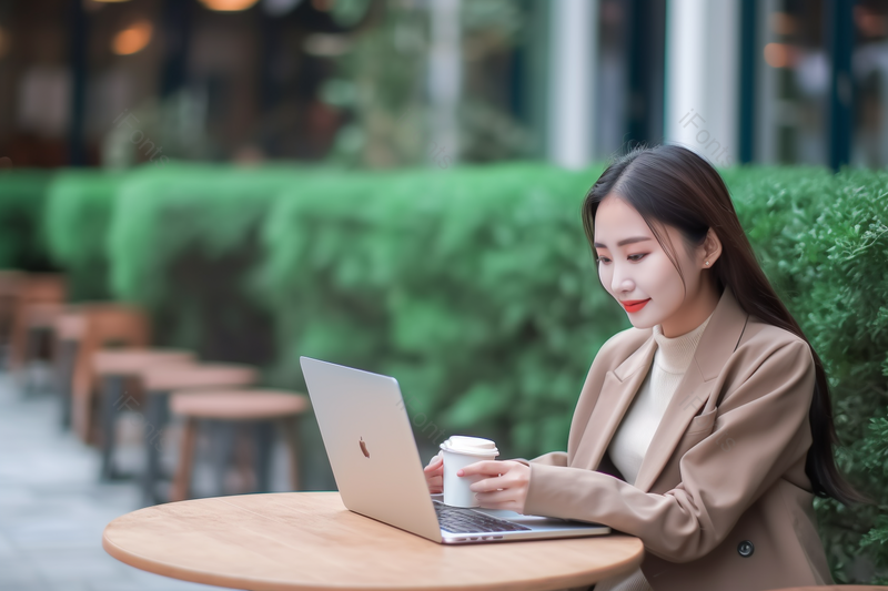 商务白领女性户外移动电脑办公手握咖啡杯摄影图,高清,摄影图,摄影图片,图片大全,摄影图免费下载